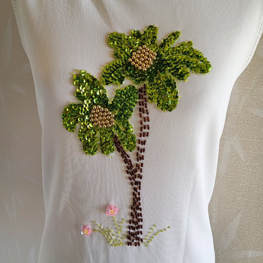 Sleeveless Palmtree Sewn-in Beaded Sequined Pullover Top EUC